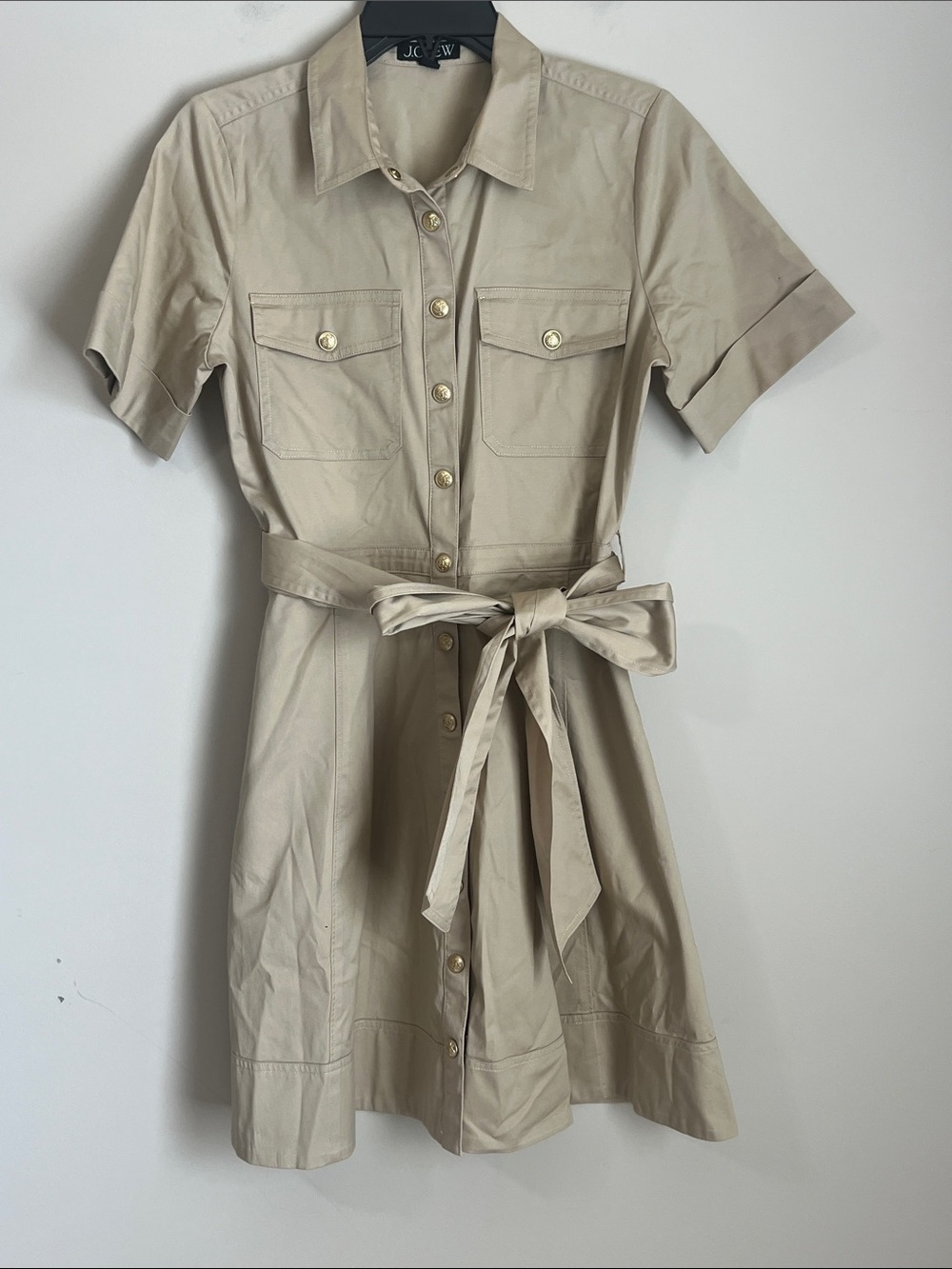 J. Crew Belted Shirt Dress Tie Waist Lightweight Chino Sz 4 Gold Buttons